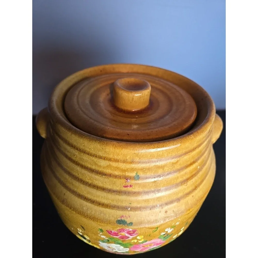 Red Wing Saffron Ware Yellow Lidded Cookie Jar Hand Painted Flower Motif‎ Rare!
